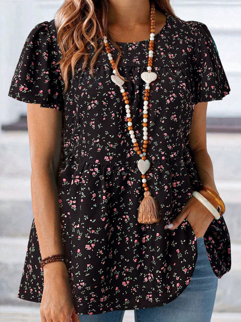 Zara Bohemian Floral Short Sleeve Round Neck Mid Length Top